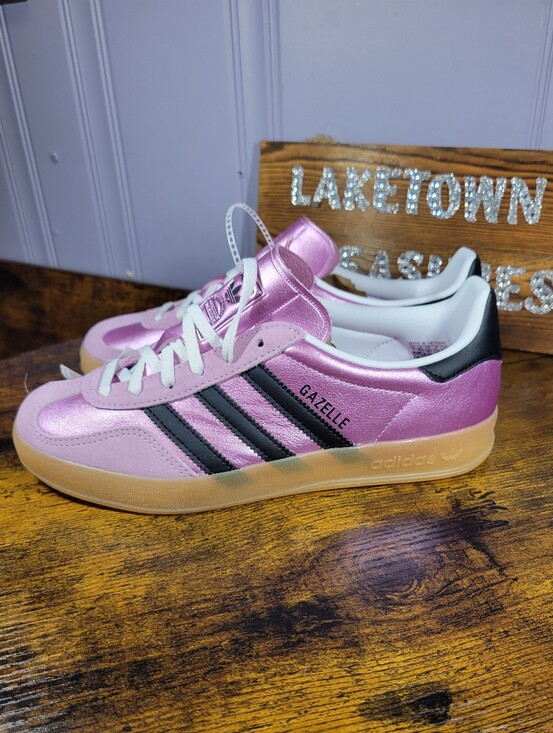 adidas Shoes - Adidas Gazelle Metallic Pink Sneakers with Black Stripes